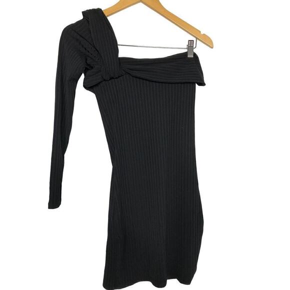 Baja East Dress Striped Drastic One Shoulder Long Sleeve Sheath Mini Black 2 - Picture 5 of 10